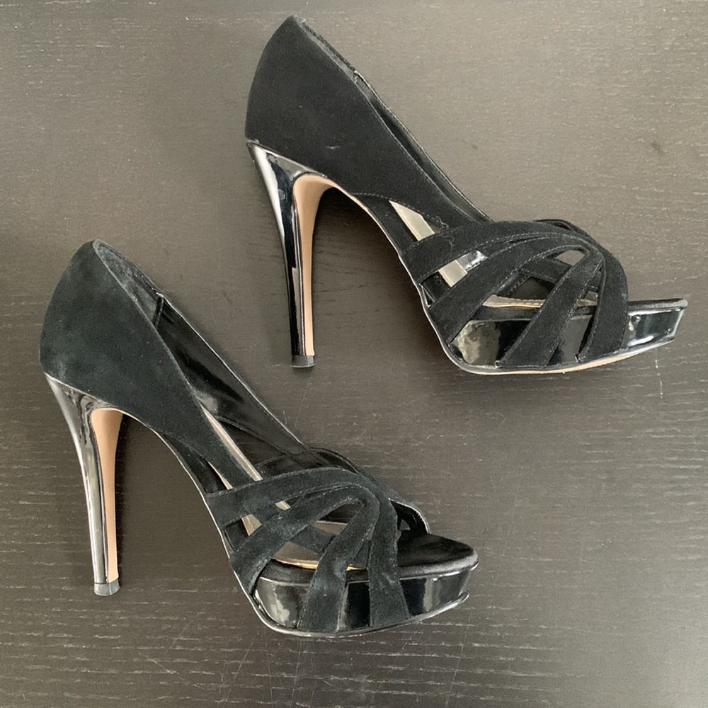 STEVE MADDEN black suede platform stilettos